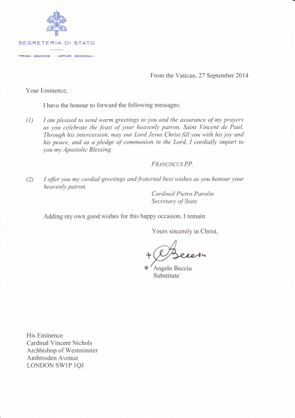 Pope Francis Sends Cardinal Apostolic Blessing