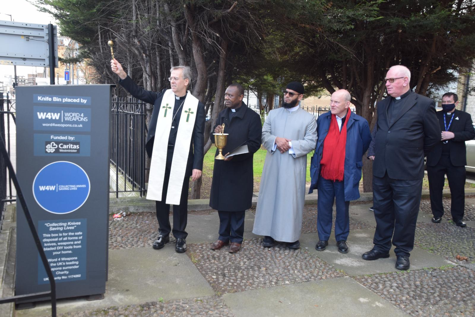 Bishop Hudson blesses new knife bin in Commercial Road